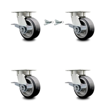 5 Inch Kingpinless Rubber on Aluminum Wheel Caster Brakes 2 Swivel Locks 4PK